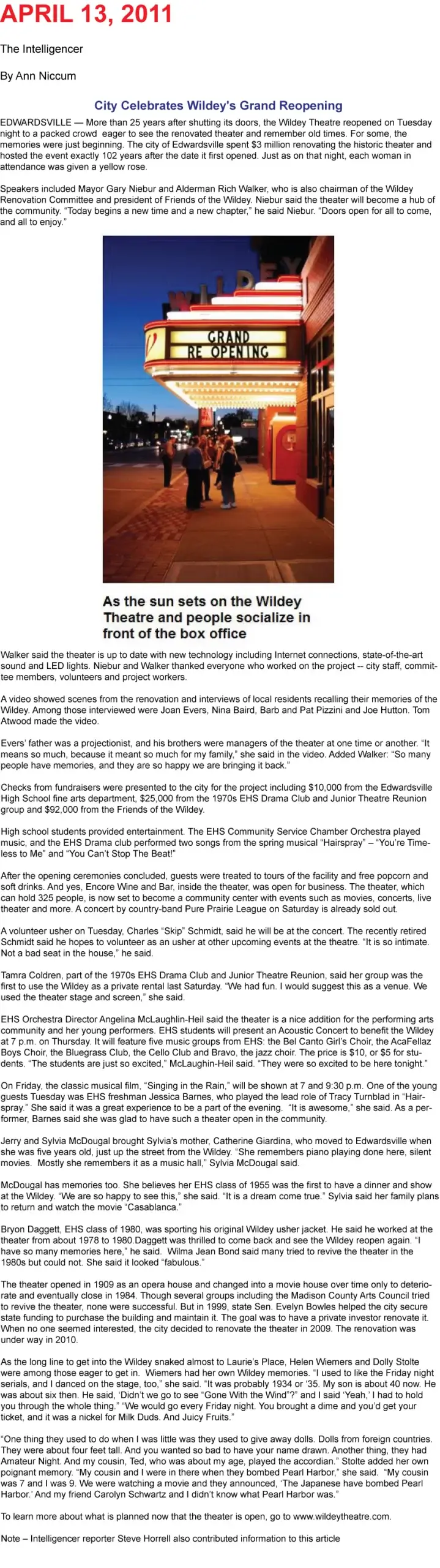 Wildey Theatre - Newspaper Article April 13, 2011